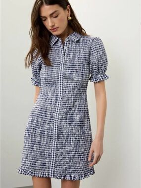 Jason Wu Blue White Gingham Seersucker Smocked Shirt Dress Collared 8